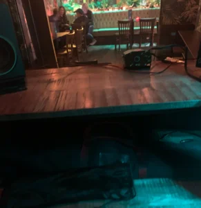 The DJ mixing booth on the ground floor at Mungo's Bar Horsham